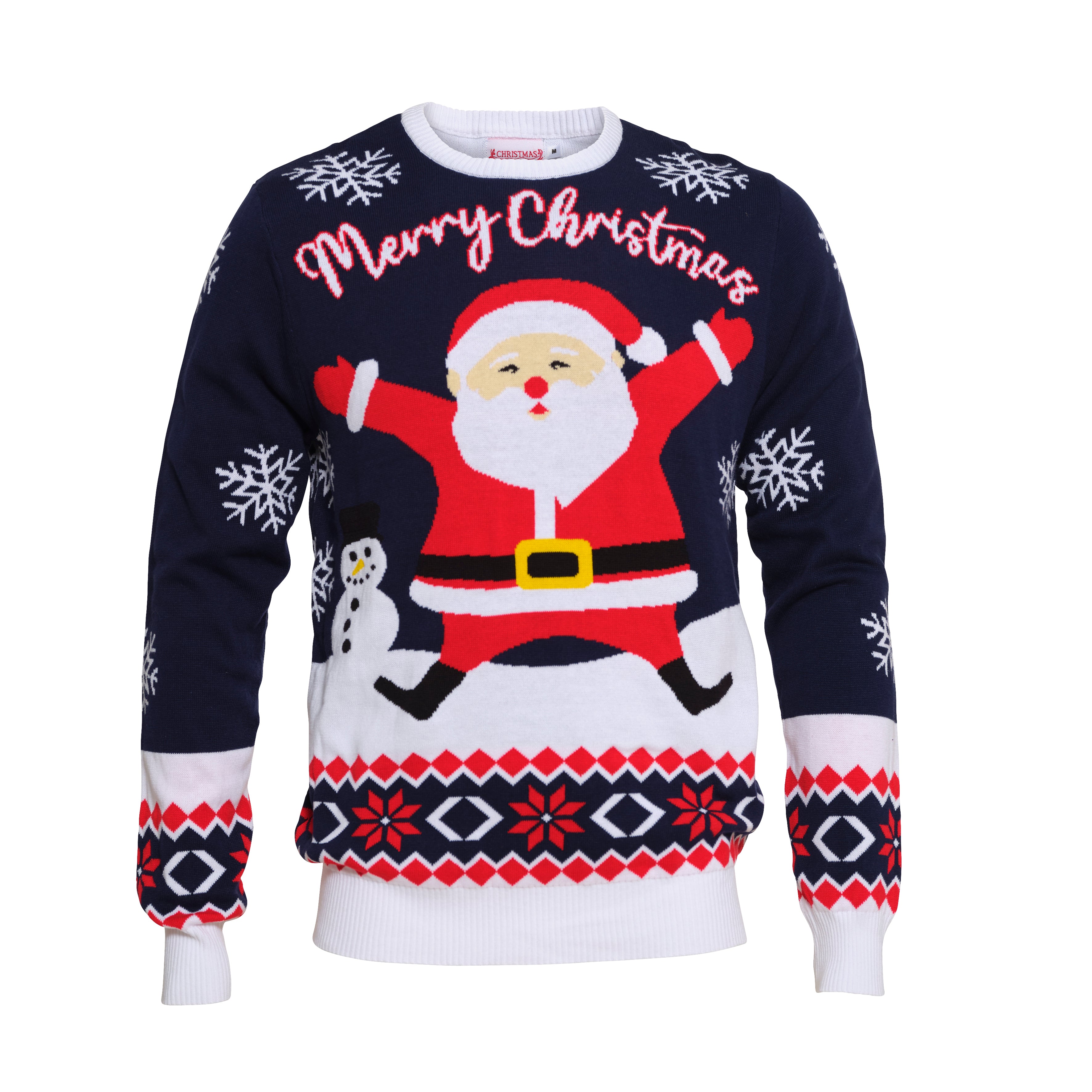 Vit och blå jultröja med jultomten på.
